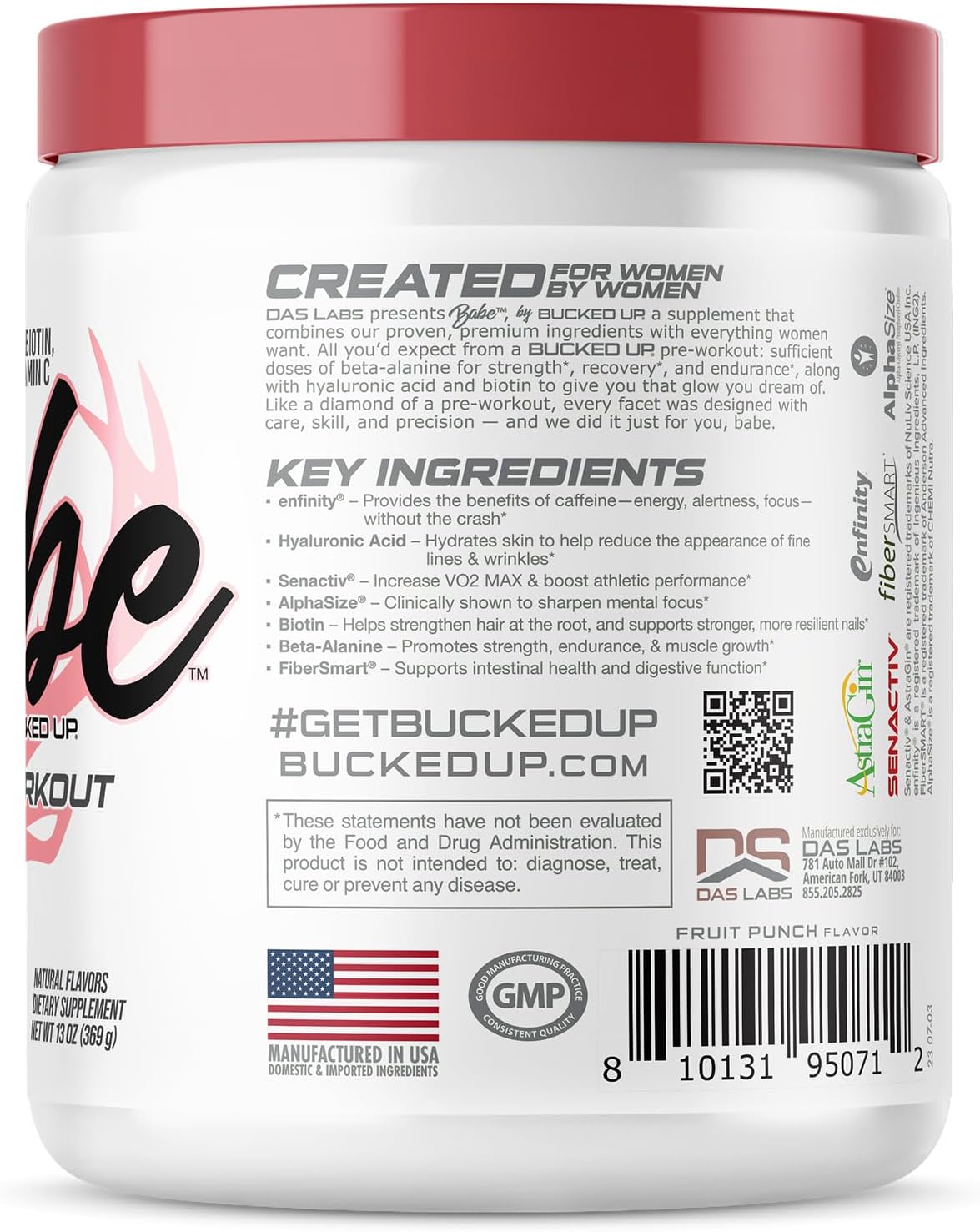 Bucked Up Babe Pre Workout Powder for Women - Fruit Punch - 6g Citrulline, 2g Beta-Alanine, 100mg Hyaluronic Acid, 5mg Biotin and 5 Other Registered trademarked Ingredients - 30 Servings - 13 OZ
