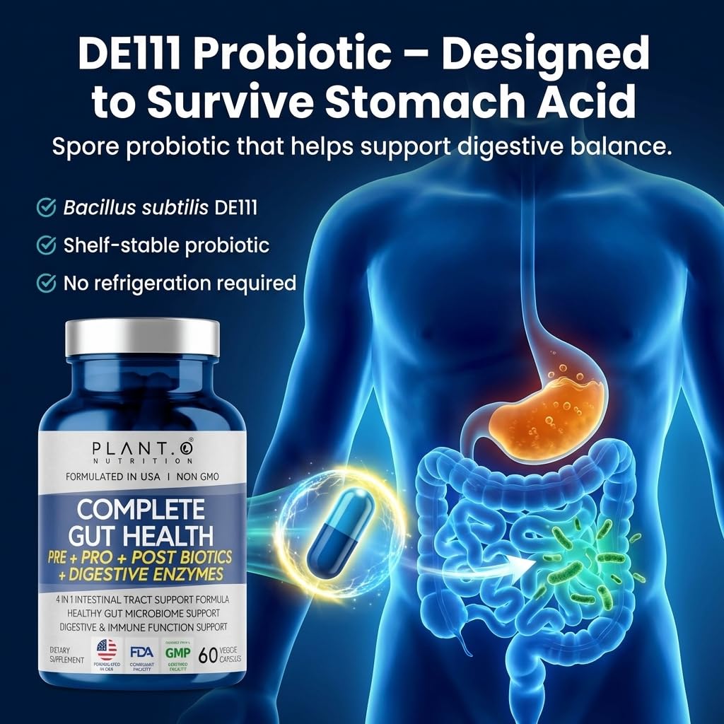 4-in-1 Gut Health Support - Prebiotics + Probiotics + Postbiotics + Digestive Enzymes - DE111 Spore Probiotic for Digestive Support & Bloating