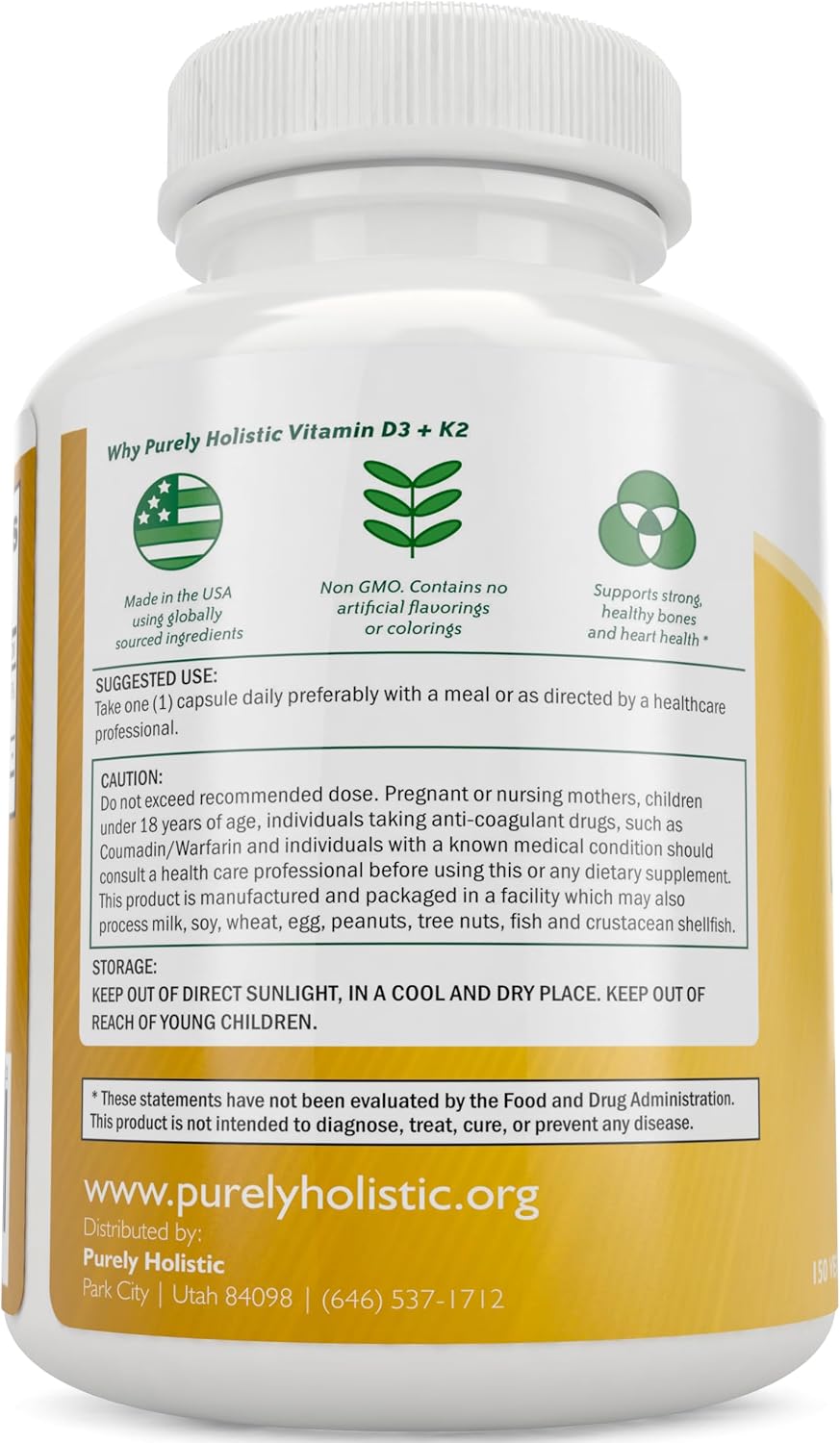 Vitamin D3 K2, 150 Servings, 5000iu D3 + 90mcg K2, Bone & Immune Support - Energy & Heart Health Support, High Absorption & Non-GMO, Once-Daily Vitamin Supplement, 150 D3K2 Capsules (5 Month Supply)