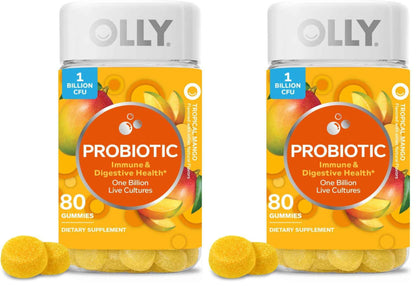 OLLY Probiotic Gummy,1 Billion CFUs,Immune and Digestive Support,Chewable Probiotic Supplement,Mango,80 Count (Pack of 2)