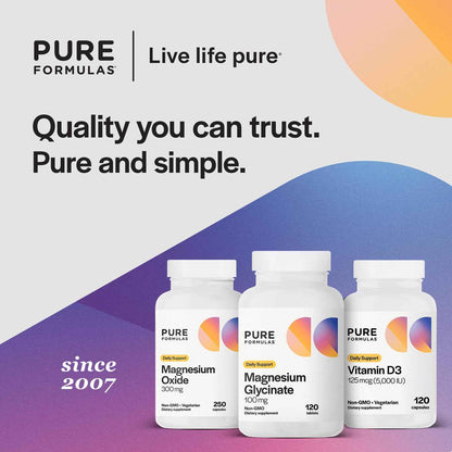 PureFormulas Magnesium Glycinate 100 mg Daily Support for Stress, Nerves, Sleep, Muscles, Metabolism Pure Magnesium Glycinate Supplement for Women and Men Magnesio Non-GMO 120 Tablets
