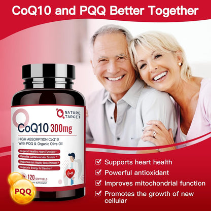 NATURE TARGET CoQ10-300mg-Softgels + PQQ with Organic-Olive-Oil - High Absorption-Coenzyme-Q10 - Antioxidant-for-Heart-Health and Immune Support, Energy Production, 120 Servings - High Absorption Coenzyme Q10 with BioPerine, Antioxidant for Heart, Brain