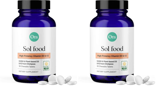 Ora Organic Vitamin D3 5000IU + K2 - Vegan Vitamin D from Lichen and K2 from Chickpeas for Bone Health, Immune Support, & Mood, Maximum Absorption - 1 Month Supply, 30 Chewable Tablets (Pack of 2)