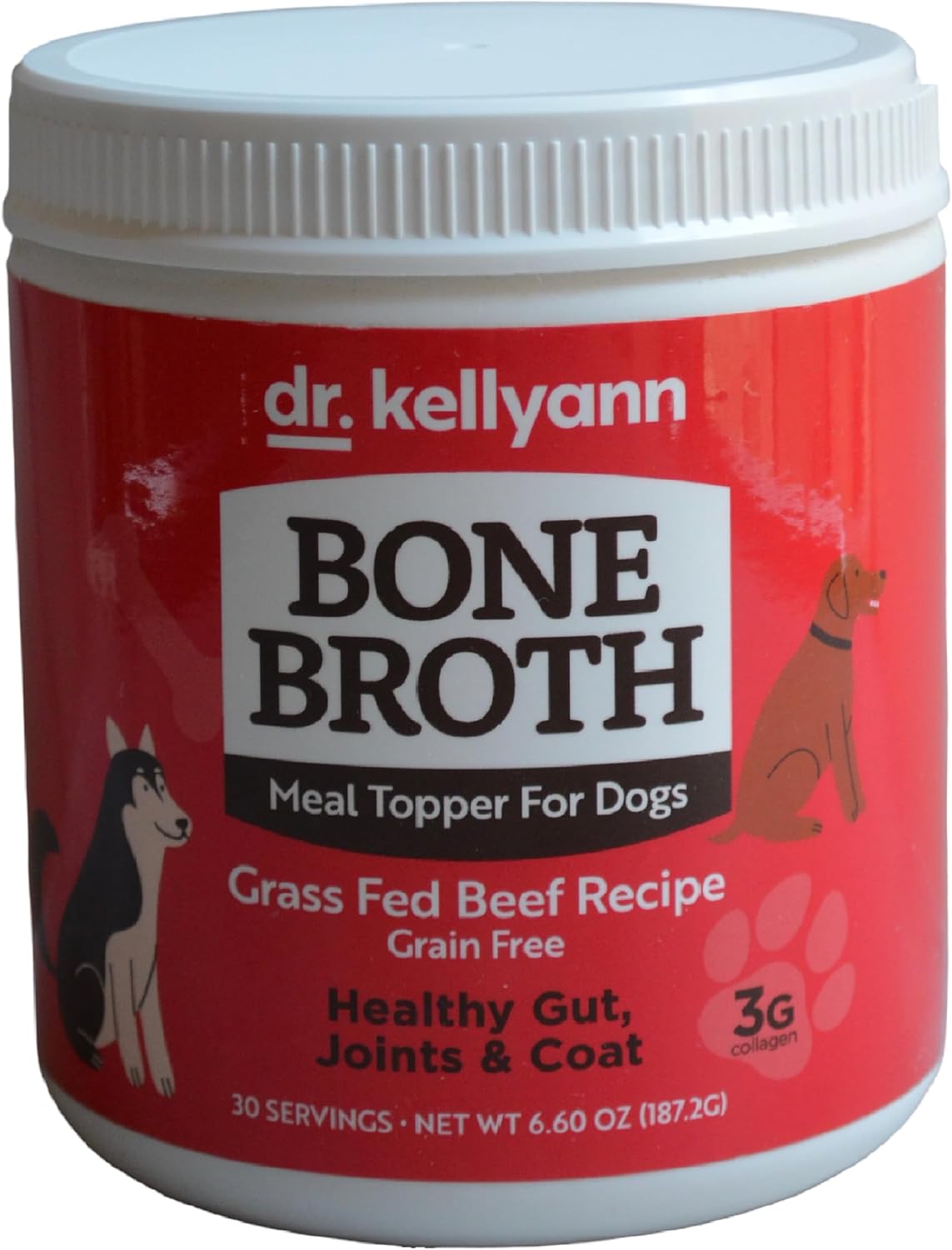 Dr. Kellyann Bone Broth Meal Topper for Dogs - Grass-Fed Beef Recipe - 3g Collagen - Supports Healthy Digestion & Joints - Shiny Coat - Grain Free - 6.60 oz