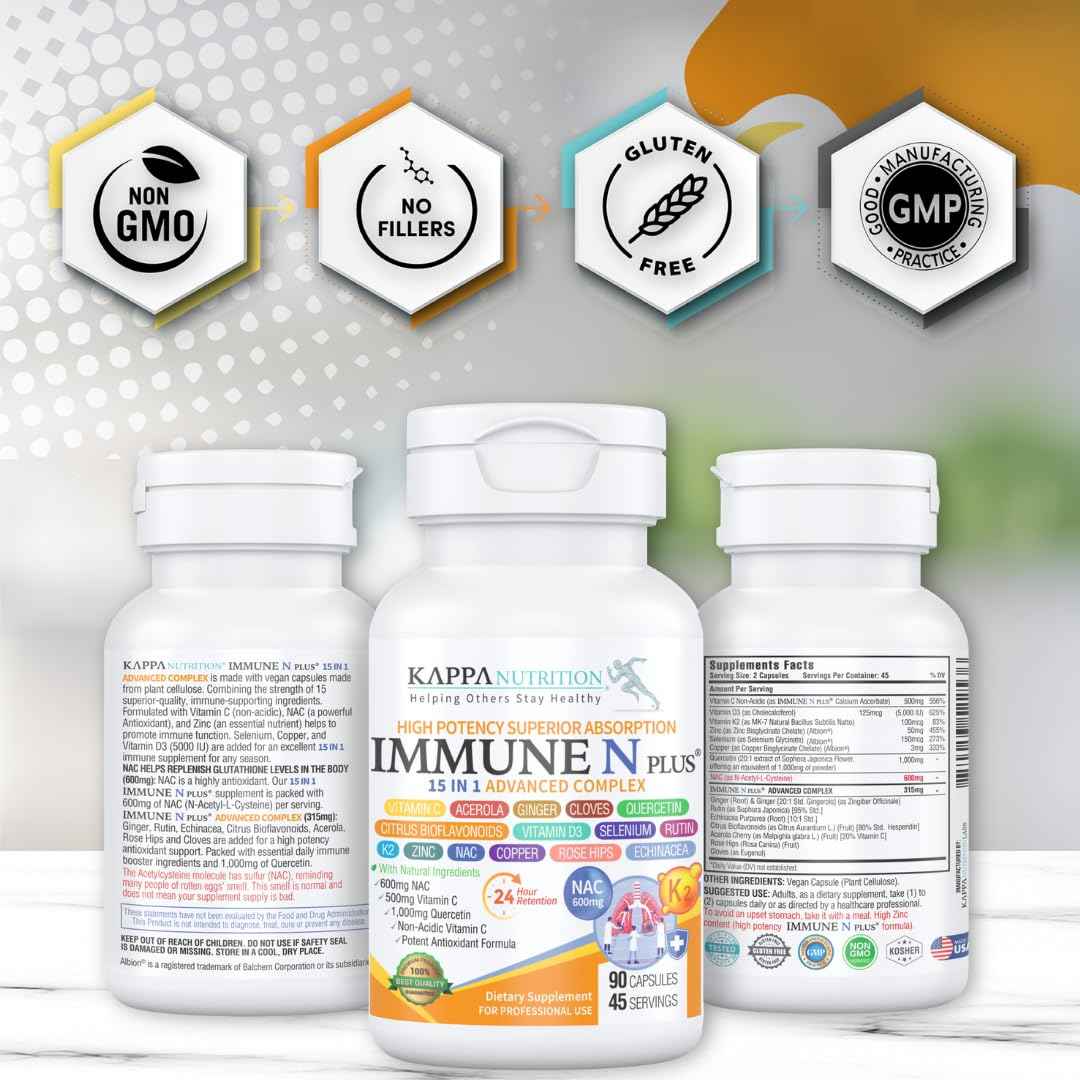 (60 Capsules), NAC 600mg, Quercetin 1,000mg, Vitamin C 500mg, Zinc 50mg, Vitamin D3 5,000iu, Selenium, Copper, Acerola, Ginger, Rutin, Citrus Bioflavonoids, Rose Hips, Echinacea, Immune N Plus 15 in 1