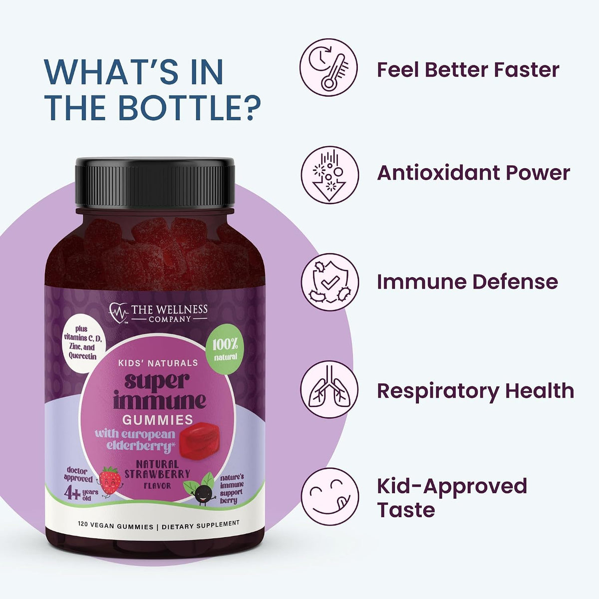 Kids Naturals Elderberry Gummies - Immune Support with Vitamin C & Zinc - 120ct (2 Month Supply)