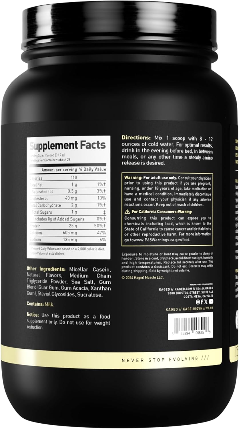 Kaged Premium Casein Protein Powder - Vanilla - Micellar Casein - Banned-Substance Free Supplement, Build Muscle, Recover Faster - Kasein - 28 Servings