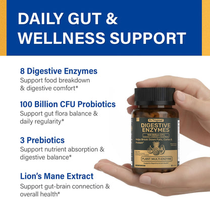 Digestive Enzymes Supplement with 100 Billion CFU Probiotic & Prebiotic - Multi-Enzyme Formula for Women & Men - Supports Digestive & Gut Health, Aids Protein, Carb & Dairy Digestion, 60 Caps