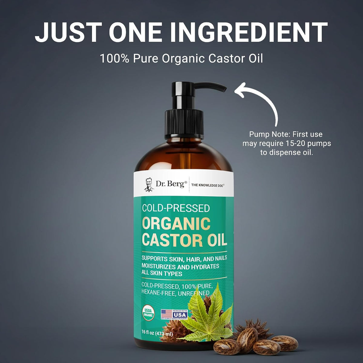 Dr. Berg Organic Castor Oil - 16 fl oz Cold-Pressed Oil - Pure, Unrefined, Single Ingredient - Sourced in India, Bottled in USA - Lab Tested, USDA Organic, Glass Bottle