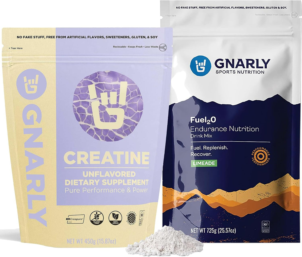 Gnarly Nutrition Creatine Powder - Unflavored - 16.05 oz Bulk Bag - Fuel2O Limeade - 25 Servings