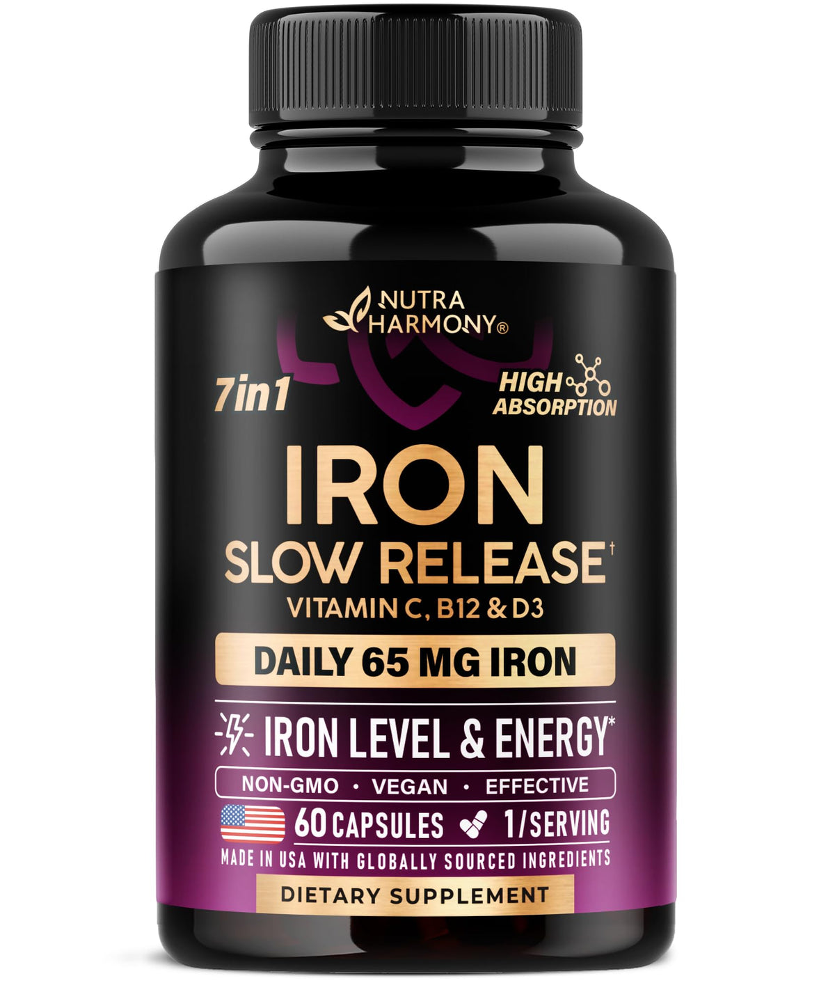 Iron Supplement for Women - Iron 65mg (Ferrous Sulfate 325mg) - Stomach Friendly - Slow Release Iron - High Absorption - Vitamins C, D3, B6, B12 & Folate