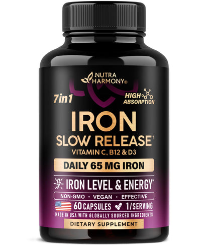 Iron Supplement for Women - Iron 65mg (Ferrous Sulfate 325mg) - Stomach Friendly - Slow Release Iron - High Absorption - Vitamins C, D3, B6, B12 & Folate