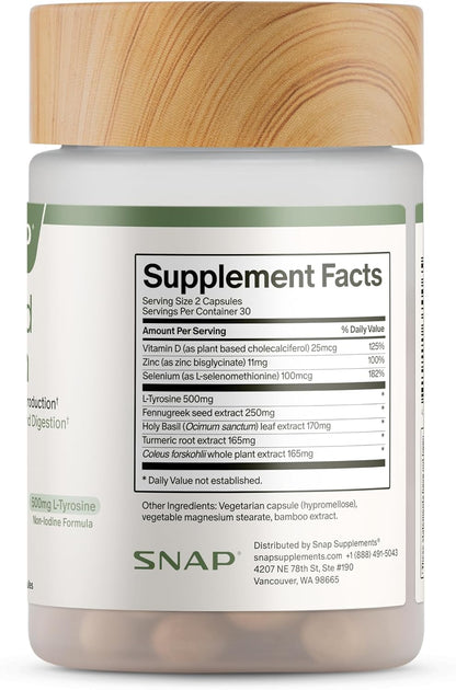 Snap Supplements Thyroid Health, Selenium, Zinc, L-Tyrosine, 60 Capsules - Thyroid Support Supplement for Women & Men, Botanicals for Metabolism, Energy & Endocrine Balance, Iodine-Free, Vegan