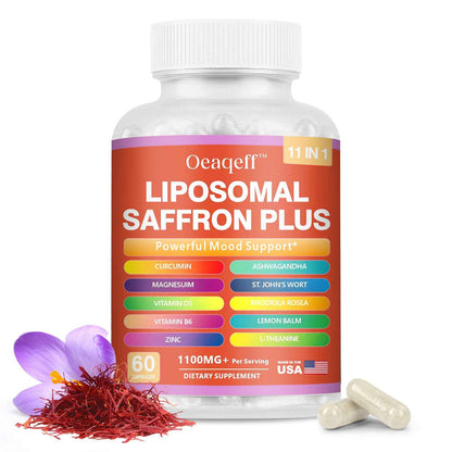 Oeaqeff Liposomal Saffron Supplements -11 in 1 100% Pure Saffron Extract 88.5 mg Maximum Absorption for Mood, Energy & Vision,Vegan, Non-GMO - 60 Vegan Capsules (1)