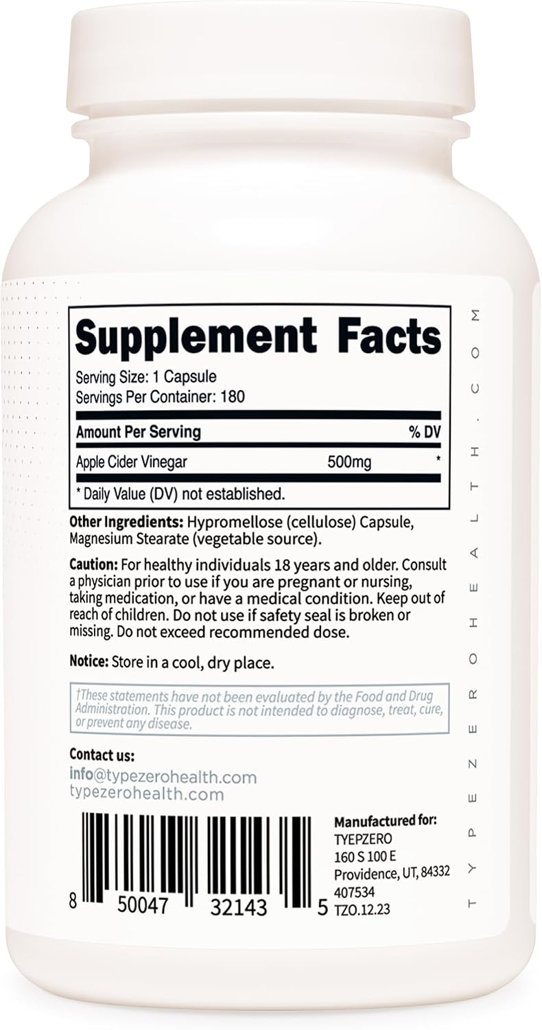 Type Zero Apple Cider Vinegar Capsules (500mg) 180 Capsules, Gluten-Free - GMO-Free Supplement