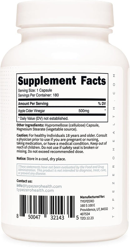 Type Zero Apple Cider Vinegar Capsules (500mg) 180 Capsules, Gluten-Free - GMO-Free Supplement