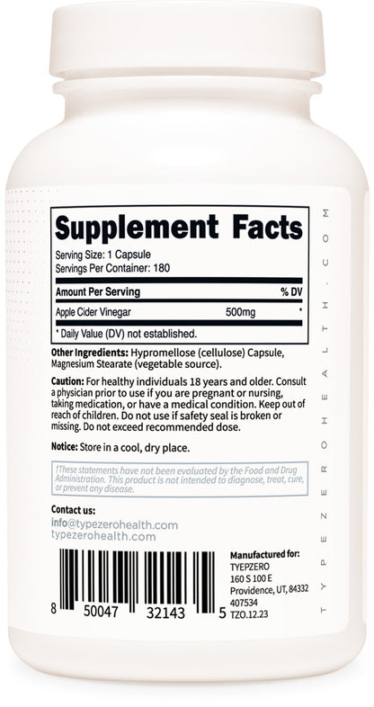 Type Zero Apple Cider Vinegar Capsules (500mg) 180 Capsules, Gluten-Free - GMO-Free Supplement