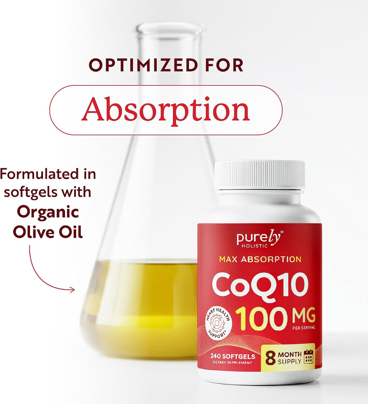 CoQ10 100mg Softgels, Heart Health Support, 8 Month Supply, High Absorption - Coenzyme Q10 for Energy Levels & Vitality Support, Co Q 10 Supplement, Non-GMO, Gluten-Free, 240 Co Q10 Softgels (Once-Daily)