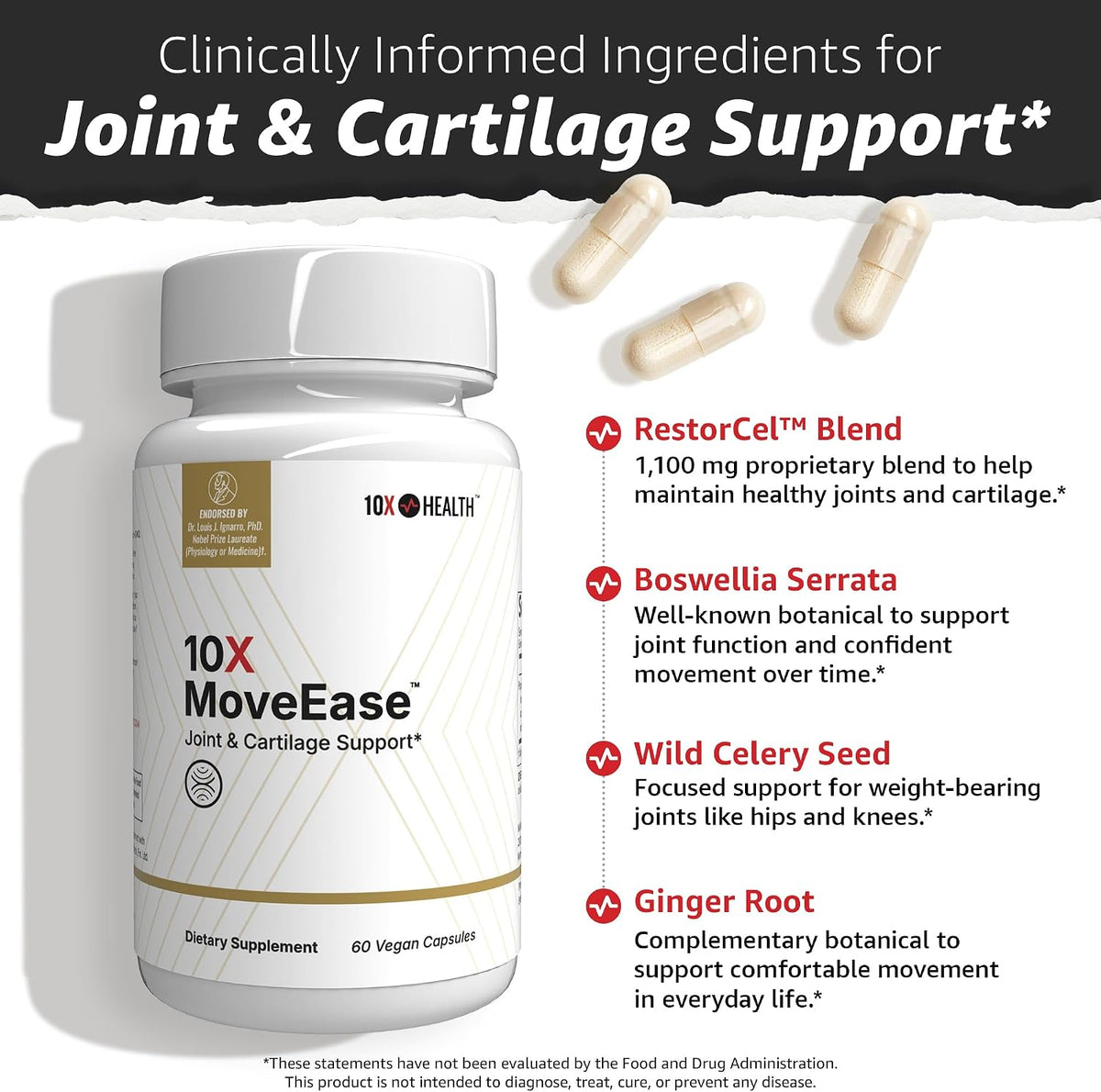 10X Health Joint Support Supplement - 60 Vegan Capsules - Cartilage Support Supplement: RestorCel Blend, Mobility Support for Knees & Hips, Vegan, 60ct