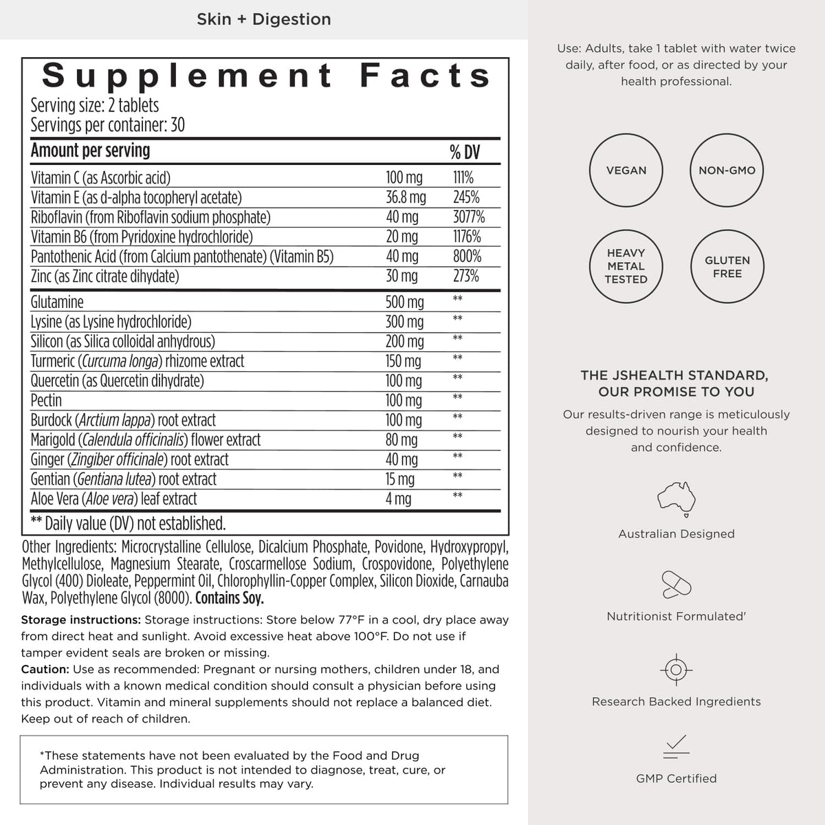 JSHealth Skin & Digestion Formula Supports Healthy Skin & Digestive Comfort - Clear Skin Supplement with Zinc, Burdock, Turmeric. Supports Healthy Skin and Digestive Comfort. Vegan (60 Tablets)