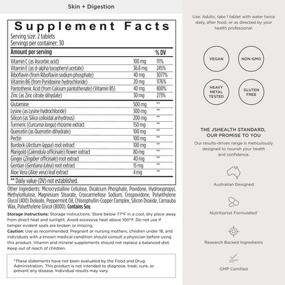 JSHealth Skin & Digestion Formula Supports Healthy Skin & Digestive Comfort - Clear Skin Supplement with Zinc, Burdock, Turmeric. Supports Healthy Skin and Digestive Comfort. Vegan (60 Tablets)