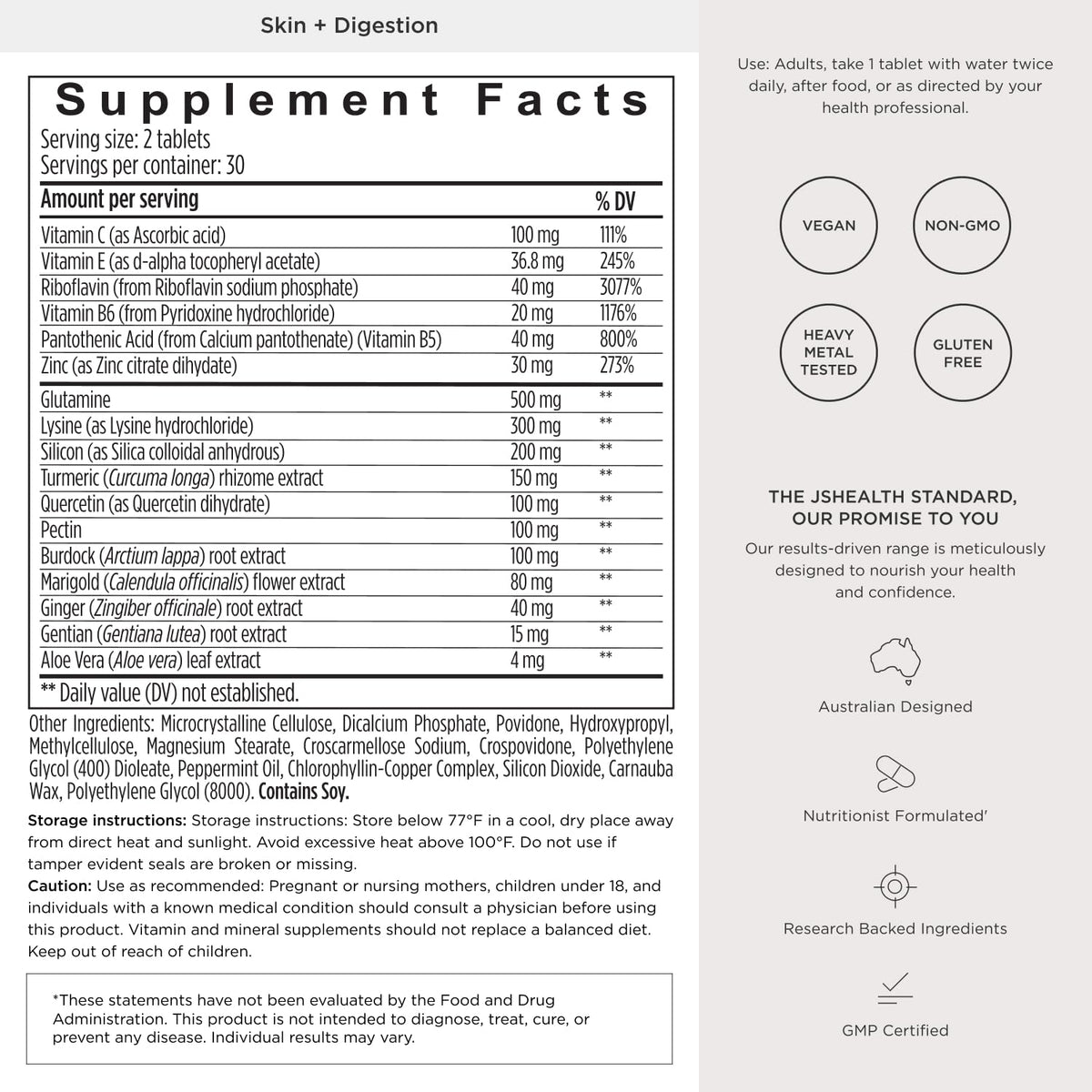 JSHealth Skin & Digestion Formula Supports Healthy Skin & Digestive Comfort - Clear Skin Supplement with Zinc, Burdock, Turmeric. Supports Healthy Skin and Digestive Comfort. Vegan (60 Tablets)