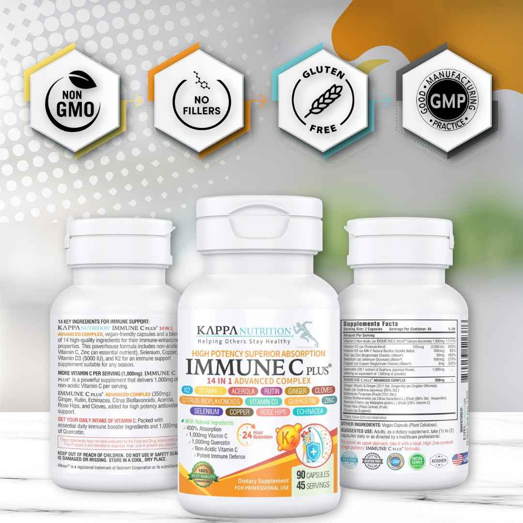 Quercetin 1,000mg, Vitamin C 1,000mg, Zinc 50mg, Vitamin D3 5,000iu, Selenium, Copper, Acerola, Ginger, Rutin, Bitter Orange, Rose Hips, Echinacea, Immune C Plus, 14 in 1 Immune C Plus (90 Count)