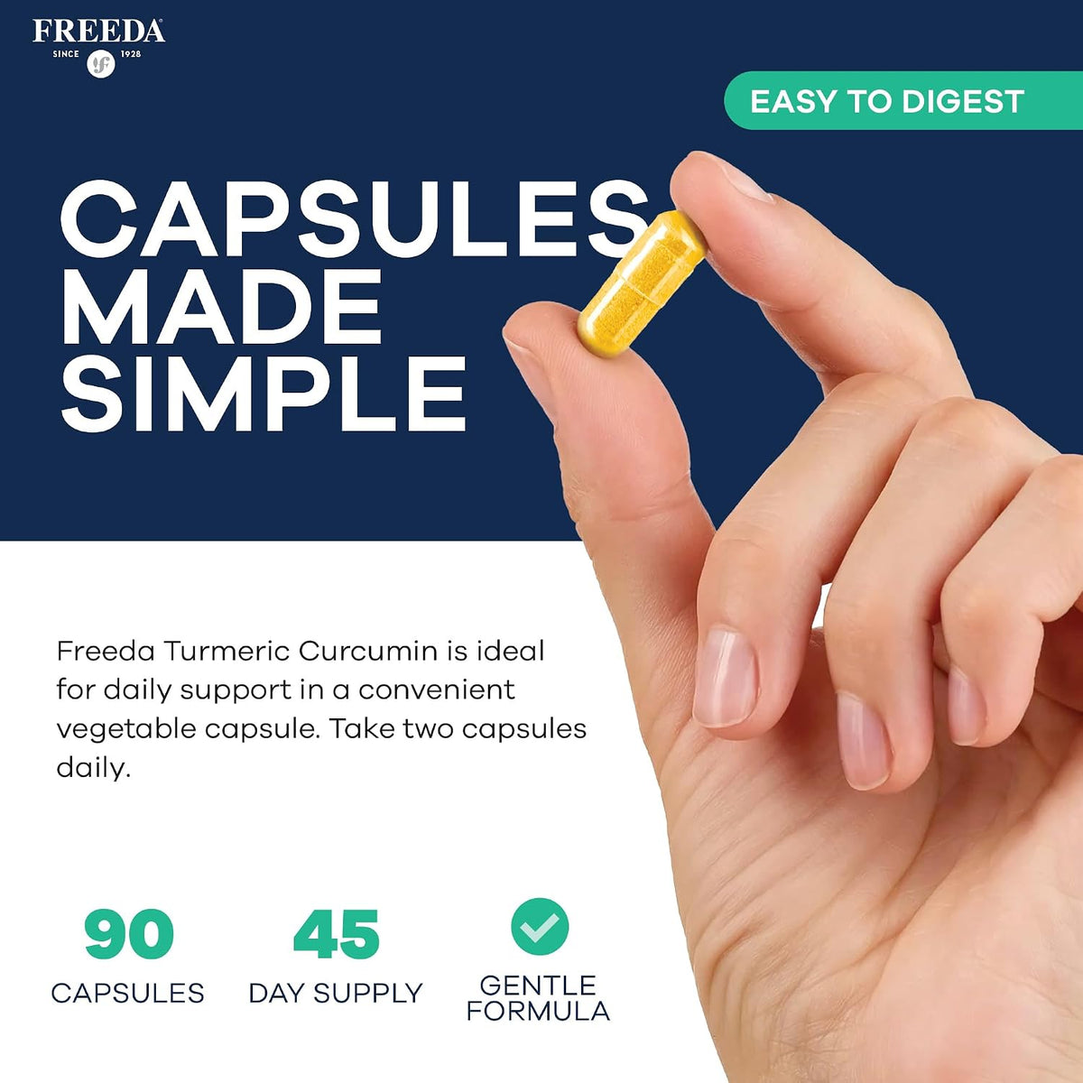 FREEDA Turmeric Curcumin Supplement 1000mg with Black Pepper - 90 Caps - Vegan Turmeric Curcumin Supplement with Organic Turmeric Root, Curcumin Extract & Black Pepper for Daily Mobility