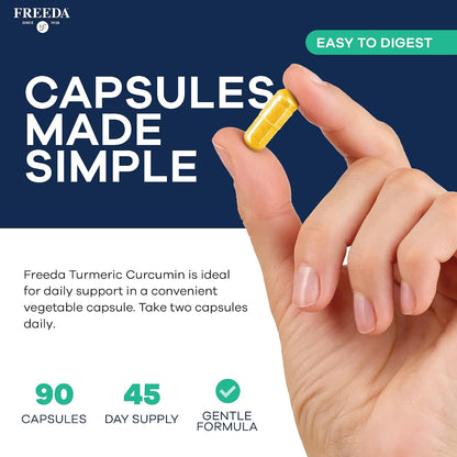 FREEDA Turmeric Curcumin Supplement 1000mg with Black Pepper - 90 Caps - Vegan Turmeric Curcumin Supplement with Organic Turmeric Root, Curcumin Extract & Black Pepper for Daily Mobility