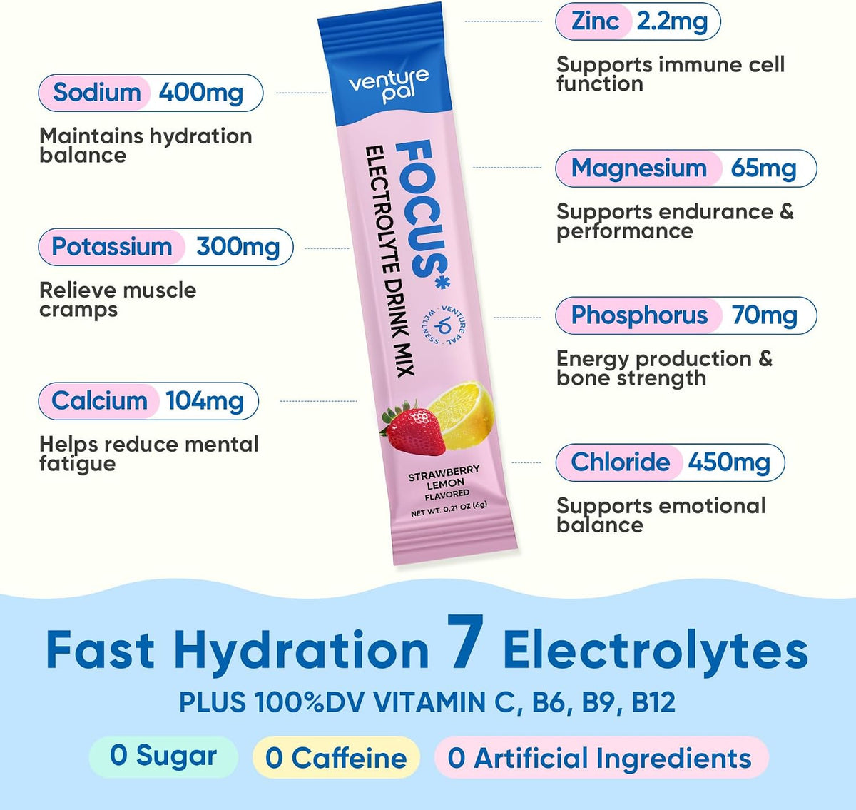 Venture Pal 2-in-1 Hydration Electrolytes Bundle - Focus & Immune Support Powder Packets, 7 Electrolytes, Vitamins, Magnesium, Lion’s Mane, L-Theanine, Elderberry, Sugar Free Drink Mix, 32 Sticks