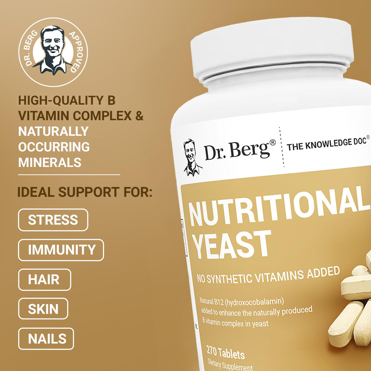 Dr. Berg Nutritionals Yeast Tablets - Natural B12 Added - All 8 B Vitamin Complex - Organic Vanilla Flavor - 270 Vegan Tablets Dietary Supplements