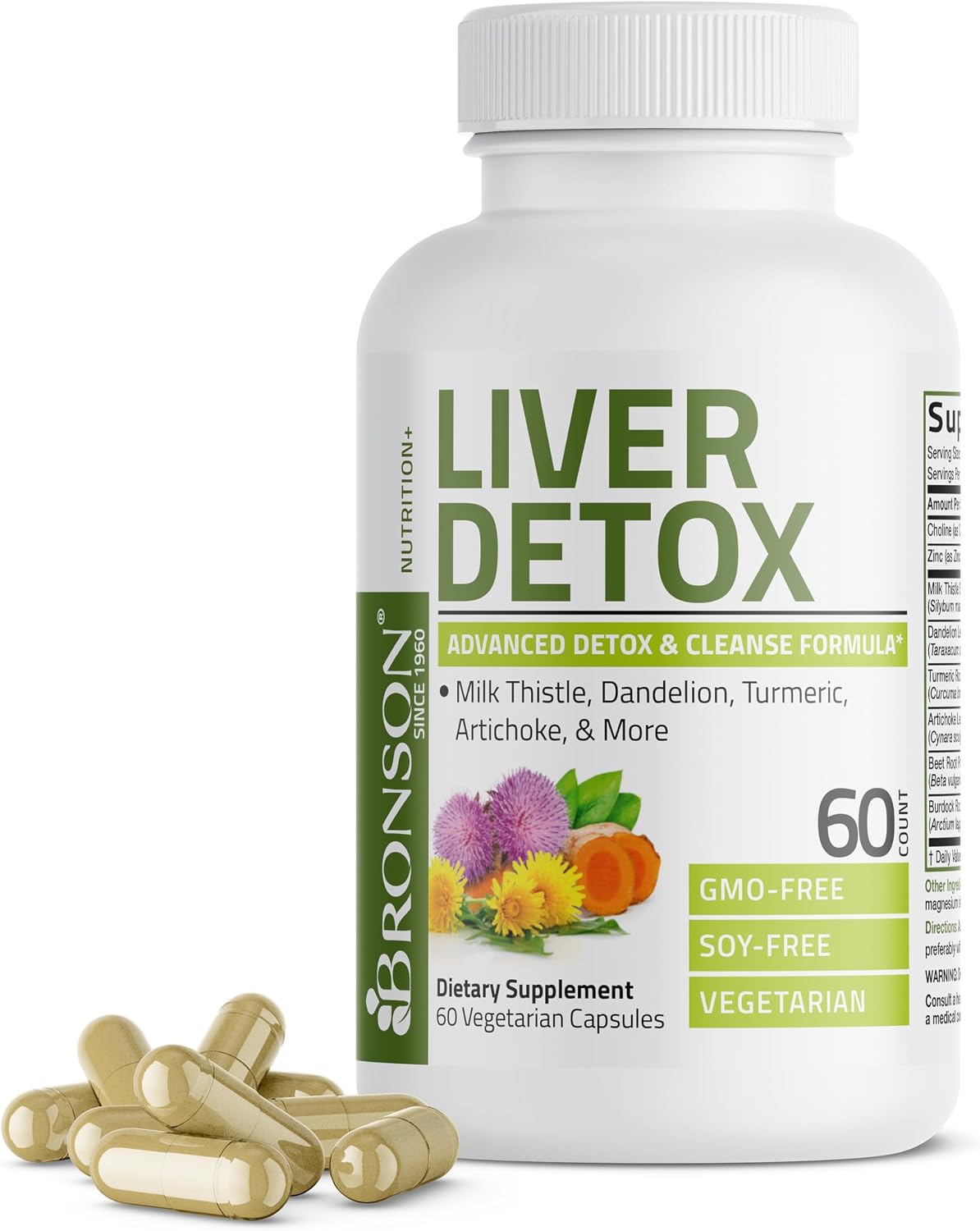 Bronson Liver Detox Advanced Detox & Cleansing Formula 60 Capsules - Liver Health Support with Milk Thistle, Dandelion Extract, Turmeric, Artichoke Leaf & Beet Root, Non-GMO, Soy-Free