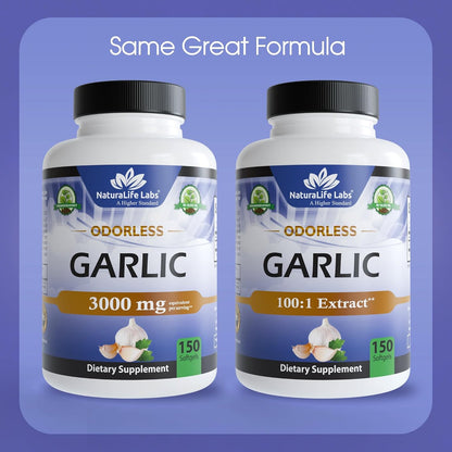NaturaLife Labs Odorless Garlic - Concentrated 100:1 Garlic Extract with Olive Oil - 150 Softgels - Non-GMO, Gluten-Free