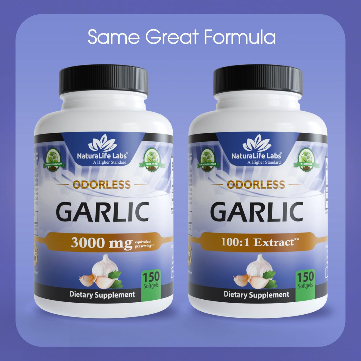 NaturaLife Labs Odorless Garlic - Concentrated 100:1 Garlic Extract with Olive Oil - 150 Softgels - Non-GMO, Gluten-Free