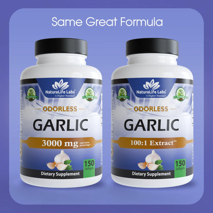 NaturaLife Labs Odorless Garlic - Concentrated 100:1 Garlic Extract with Olive Oil - 150 Softgels - Non-GMO, Gluten-Free