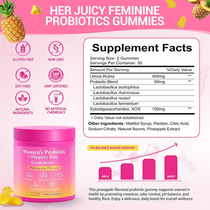 BURMINY Her Juicy Feminine Probiotics Gummies, Premium Feminine Balance Probiotics with Slippery Elm for Women's pH Balance and Freshness - Support Daily Wellness & Comfort 60 Pineapple Gummies