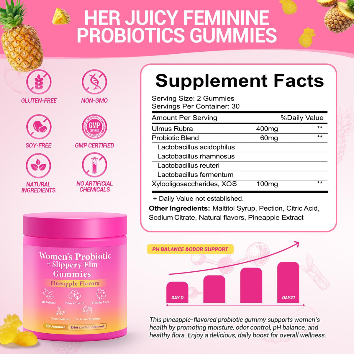 BURMINY Her Juicy Feminine Probiotics Gummies, Premium Feminine Balance Probiotics with Slippery Elm for Women's pH Balance and Freshness - Support Daily Wellness & Comfort 60 Pineapple Gummies