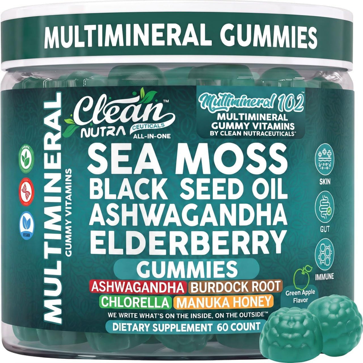 Sea Moss Gummies - Clinically Tested - Black Seed Oil Ashwagandha Elderberry Burdock Root Chlorella Manuka Honey - Vegan Irish Sea Moss Gummy Vitamins for Adults Kids Men Women - Green Apple Flavor