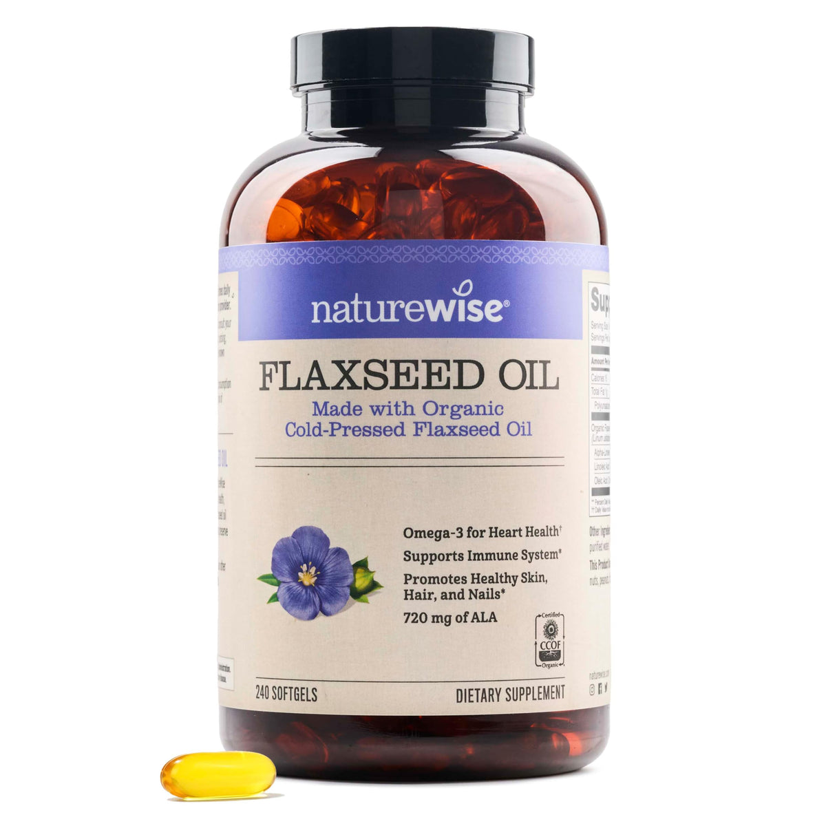 NatureWise Flaxseed Oil 1,242 mg, Fish Free Omega 3 6 9 with 720mg ALA, Dietary Supplement for Heart Health Support - Organic, Cold Pressed