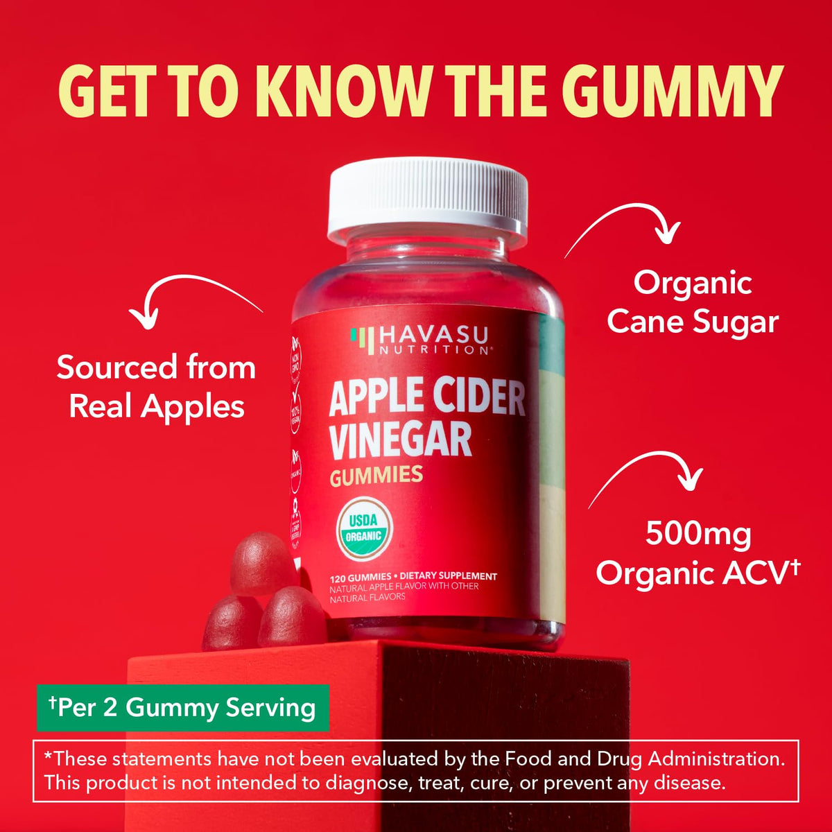 Apple Cider Vinegar Gummies, USDA Organic, Apple Flavor, 1-Month Supply - USDA Organic ACV Gummies for Digestive Health, Metabolism & Gut Support, Vegan, Gluten-Free, No Harsh Taste, 60ct
