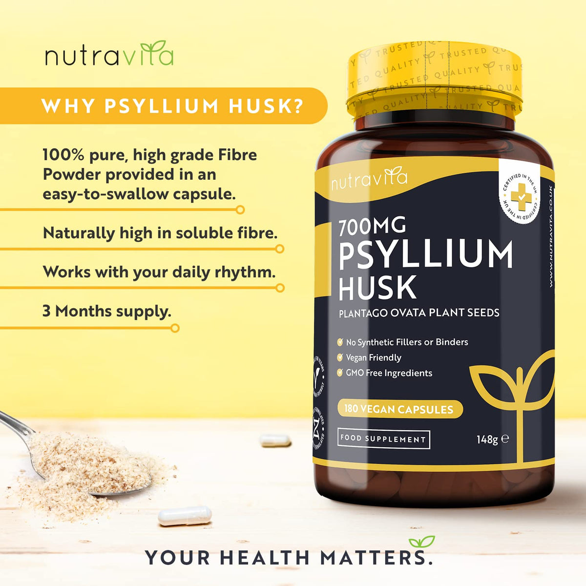 Psyllium Husks Fibre Supplement - 1400mg per Serving - Naturally High in Soluble Fibre