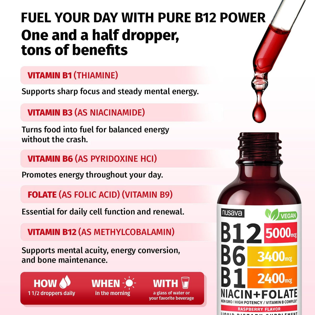 NUSAVA Vitamin B12 Liquid Drops and Strawberry Flavored D3 K2 Bundle - Daily Wellness Liquid Vitamins for Energy & Immune Support - Non-GMO, Gluten-Free, 2pk Each