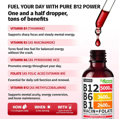 NUSAVA Vitamin B12 Liquid Drops and Strawberry Flavored D3 K2 Bundle - Daily Wellness Liquid Vitamins for Energy & Immune Support - Non-GMO, Gluten-Free, 2pk Each