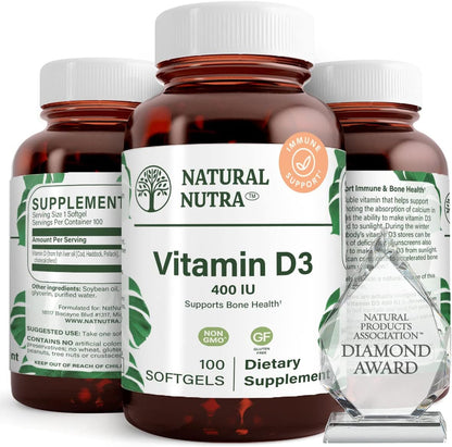 Natural Nutra Vitamin D3 400 IU Softgels, Gluten-Free Vitamin D, 100 Count - Supports Immune Function, Bone & Teeth Support, Cardiovascular Support