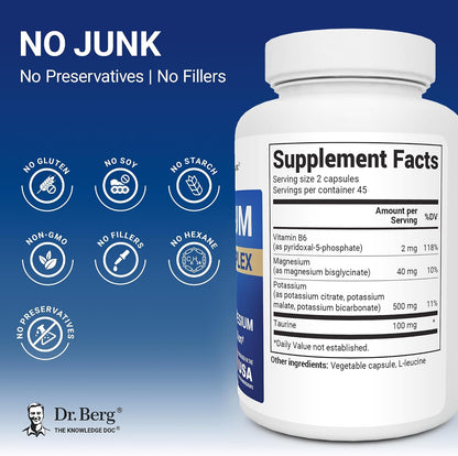 Dr. Berg Potassium Tri-Blend Complex - 500 mg Potassium Supplement for Muscle & Nerve Support* - Maximum Strength Potassium Formula w/Magnesium, B6 & Taurine - 90 Capsules