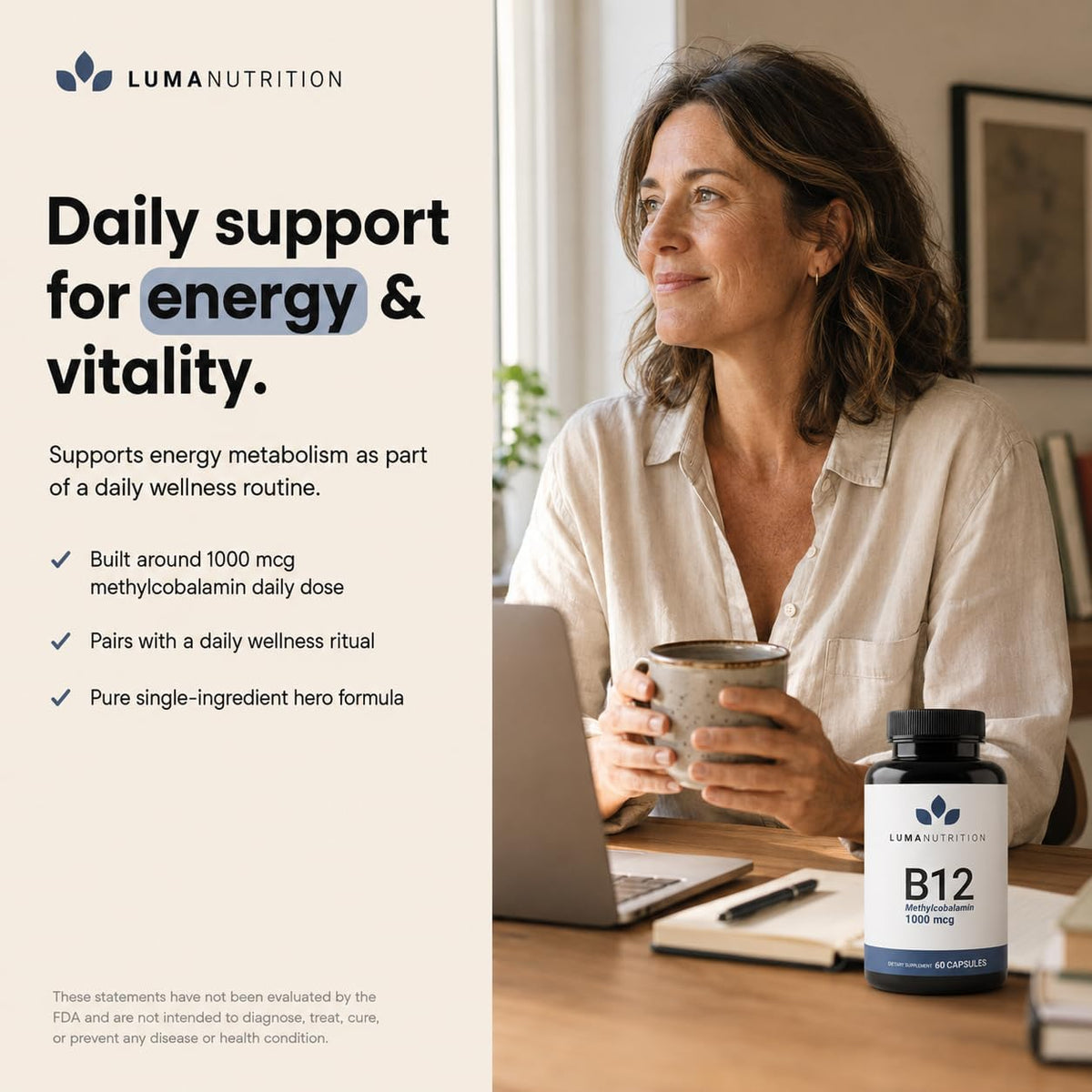 Luma Nutrition Vitamin B12 Methylcobalamin 1000 mcg – Energy & Nervous System Support, 60 Capsules