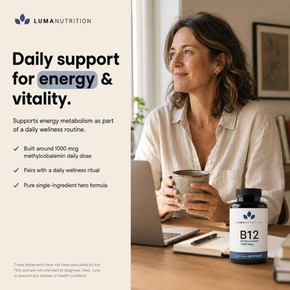 Luma Nutrition Vitamin B12 Methylcobalamin 1000 mcg – Energy & Nervous System Support, 60 Capsules