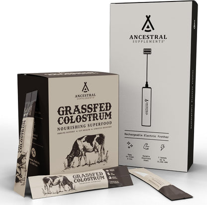 Ancestral Supplements Colostrum Sticks Bundle & Frother Wand - Grass Fed, Pasture Raised Organ Blend with Bioactive Colostrum, Rechargeable Electric Frother Wand (Double Whisk, Stainless Steel)