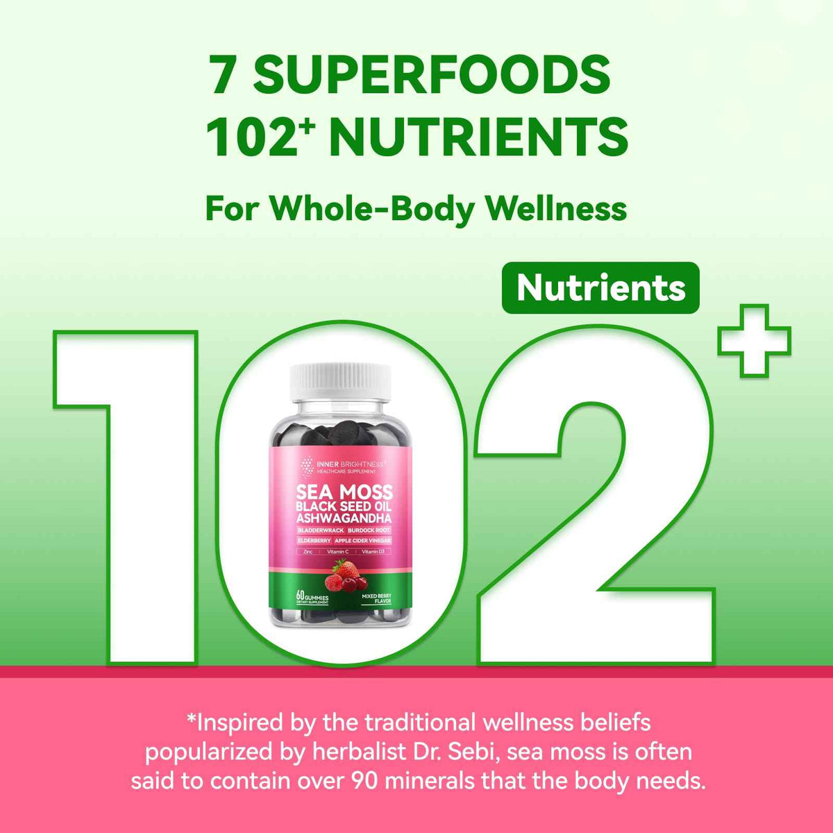 Inner Brightness Sea Moss 4000mg Gummies with Ashwagandha, Elderberry, Apple Cider Vinegar, Bladderwrack, Burdock Root - Immune Support - Mixed Berry Flavor - 60 Count