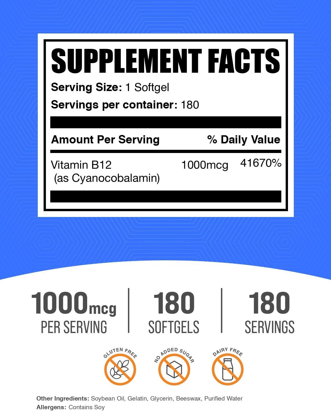 BulkSupplements.com Vitamin B12 1000 mcg Softgels – Cyanocobalamin, Gluten Free, 180 Count